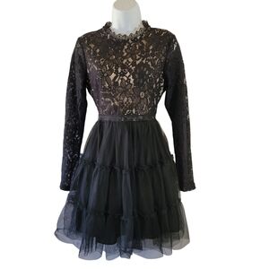 INA Black Lace Tutu Fit Flare Tutu Dress Sz L LS Fairy Grunge Whimsigoth Prom